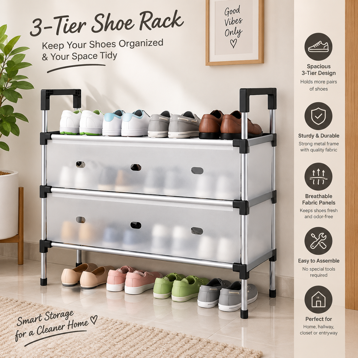 3-Tier Multi-Purpose Shoe Rack – Space-Saving Shoe Organizer for Home & Entryway